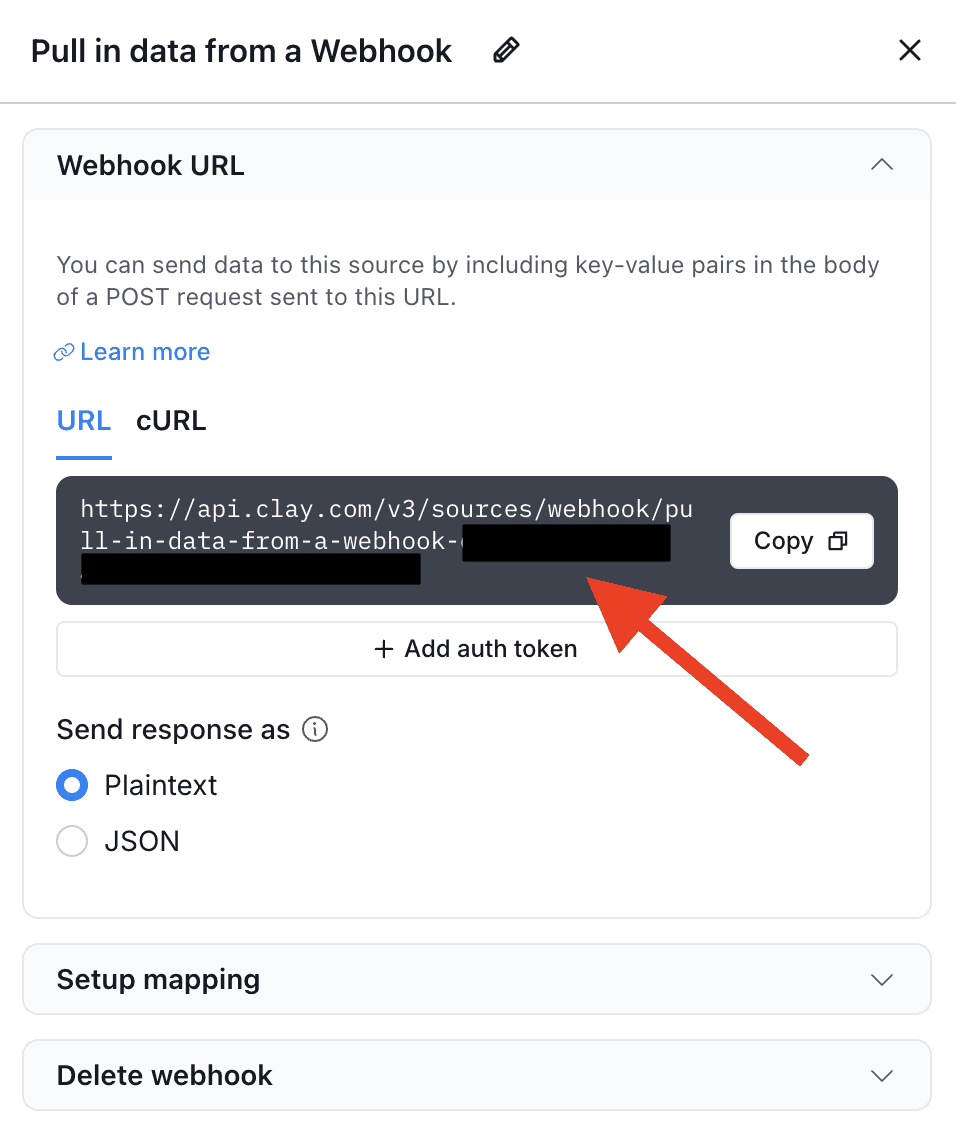 Copy webhook URL in Clay