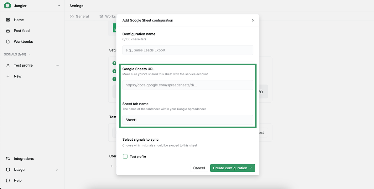 Google Sheets configuration form