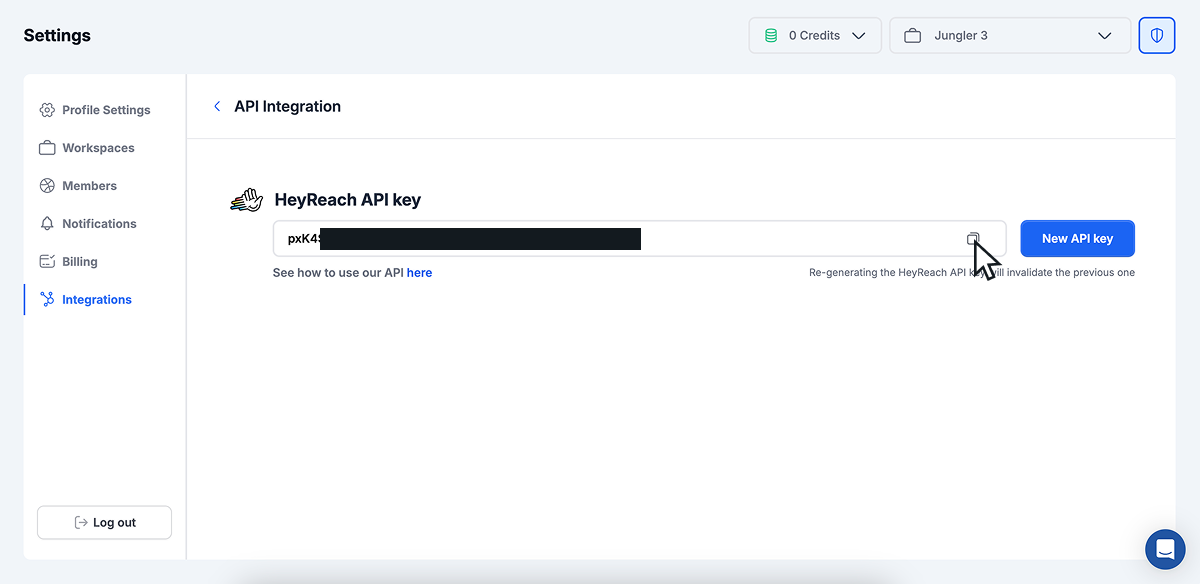 Copy HeyReach API key