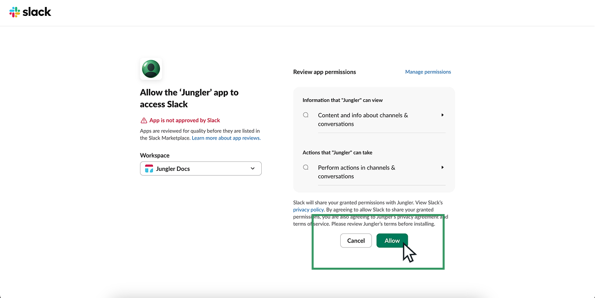 Slack authorization screen